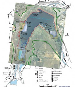 Map of Chatfield Sate Park with areal photos superimposed.