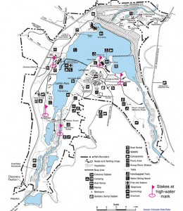 Map of Chatfield State Park sowing locations of stakes placed at high-water marks