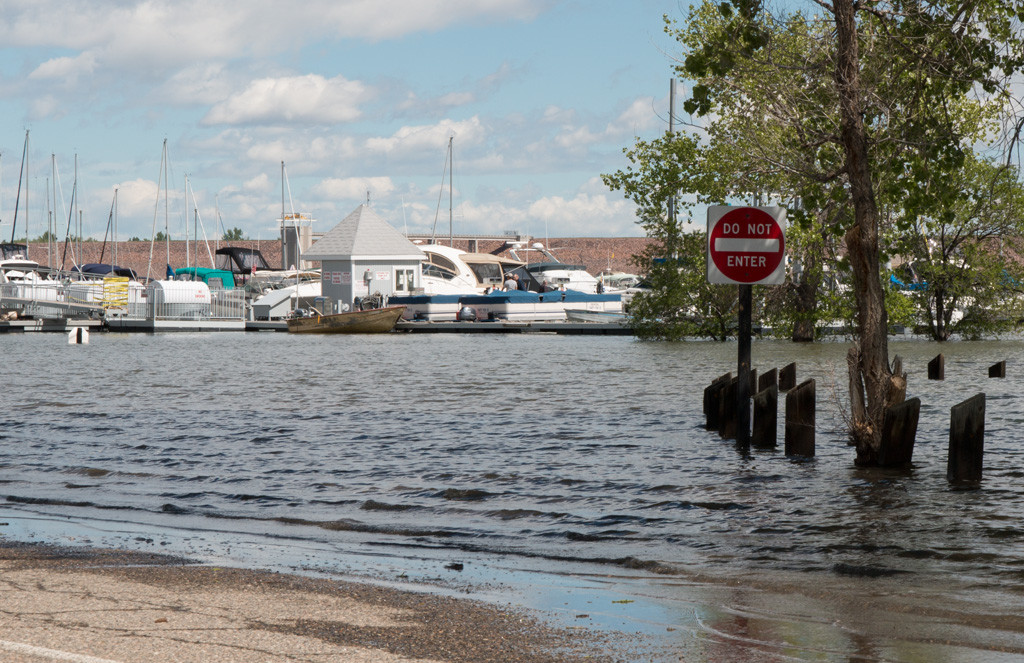 Marina dock viewed from the east parking lot on May 17, 2015. Major changes in the marina would be required to accommodate large fluctuations in water levels if storage space in the reservoir is reallocated. 