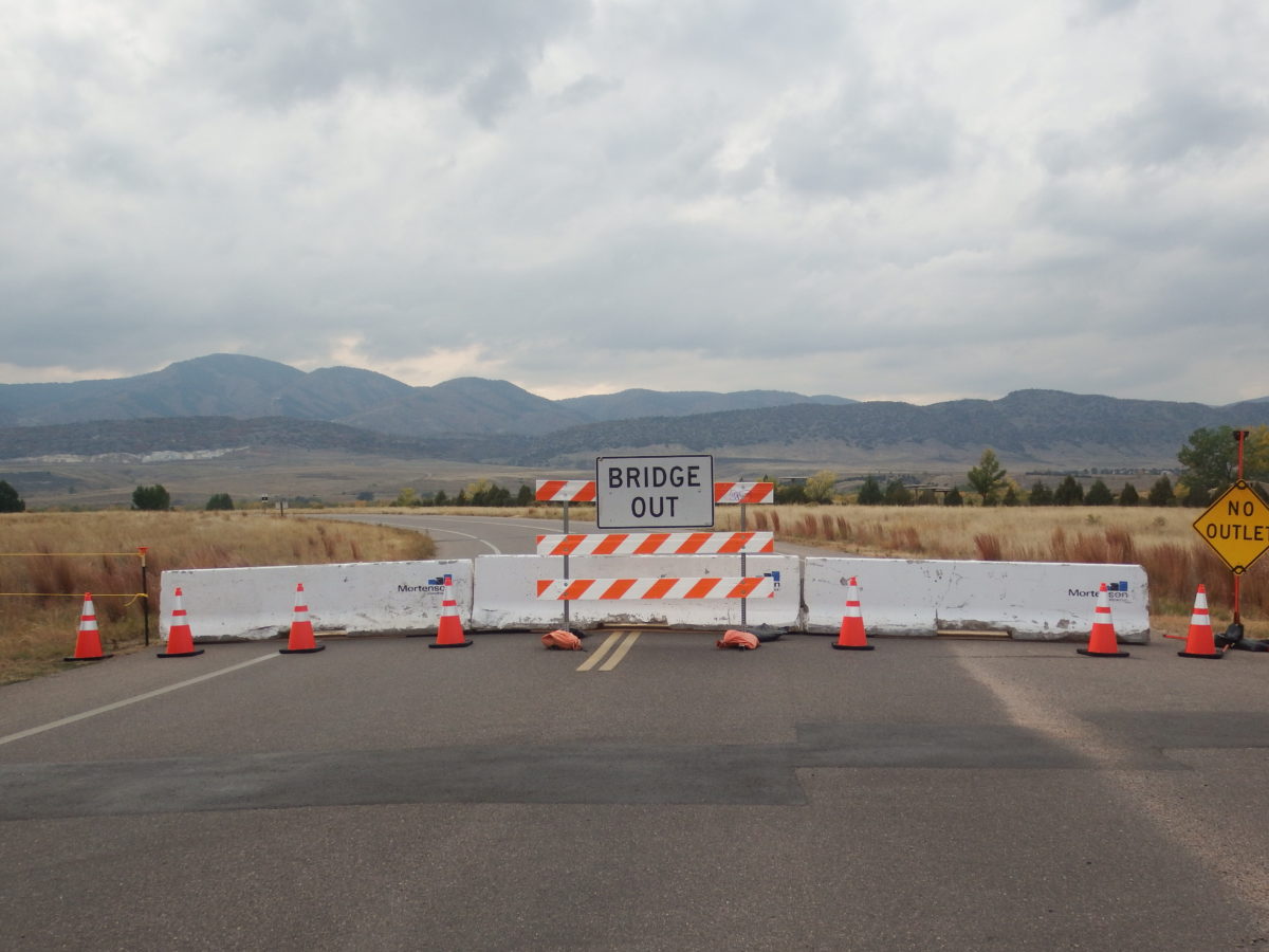 Part way down the road from the east entrance of Chatfield State Park to Kingfisher Bridge in